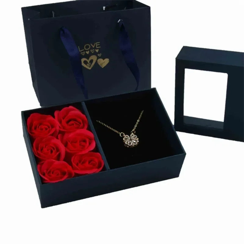 Valentine'S Day Window Opening Jewelry Box Heart Four-Leaf Clover Pendant Gift Packaging Box Bag Romantic 6 Rose Box